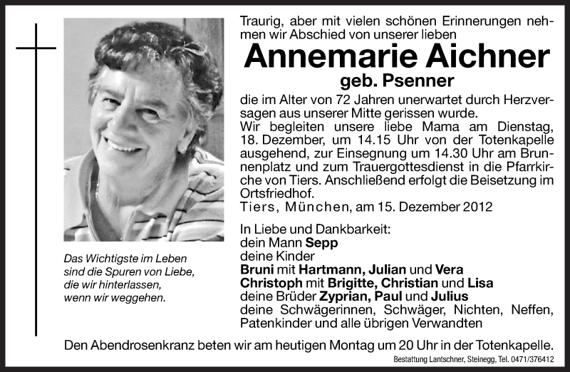  Traueranzeige für Annemarie Aichner vom 17.12.2012 aus Dolomiten