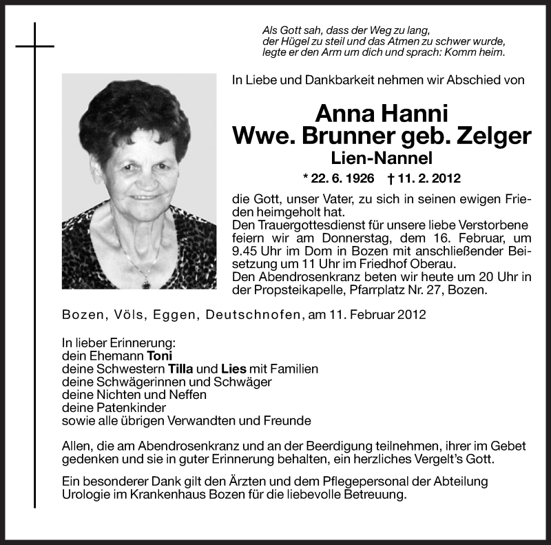  Traueranzeige für Anna Hanni Brunner vom 15.02.2012 aus Dolomiten