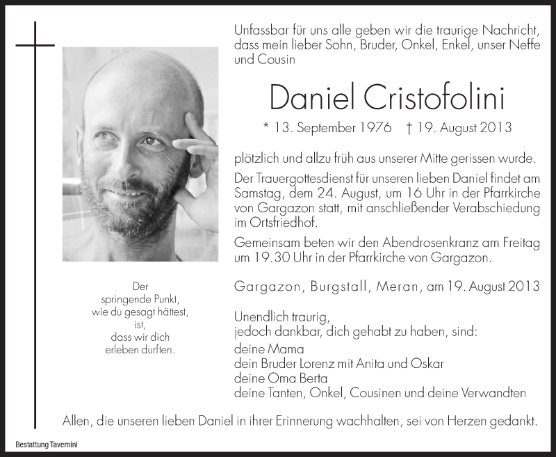  Traueranzeige für Daniel Cristofolini vom 22.08.2013 aus Dolomiten