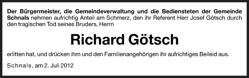  Traueranzeige für Richard Götsch vom 03.07.2012 aus Dolomiten