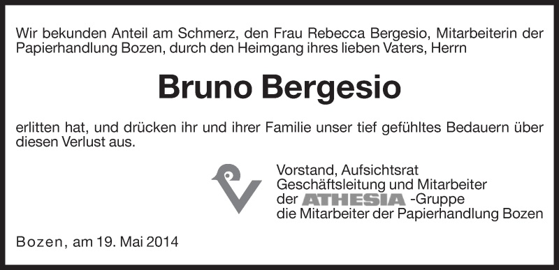  Traueranzeige für Bruno Bergesio vom 20.05.2014 aus Dolomiten