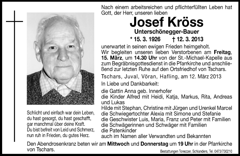  Traueranzeige für Josef Kröss vom 13.03.2013 aus Dolomiten