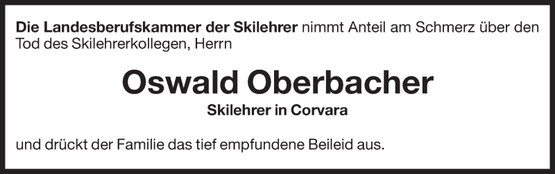  Traueranzeige für Oswald Oberbacher vom 24.06.2014 aus Dolomiten