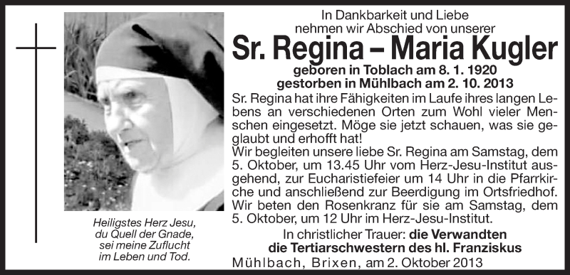  Traueranzeige für Regina-Maria Kugler vom 04.10.2013 aus Dolomiten