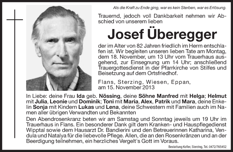  Traueranzeige für Josef Überegger vom 16.11.2013 aus Dolomiten