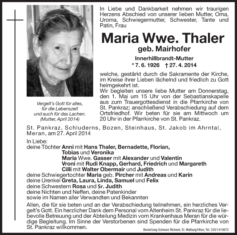  Traueranzeige für Maria Thaler vom 29.04.2014 aus Dolomiten