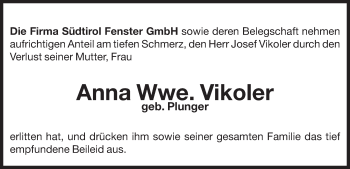 Traueranzeige von Anna Vikoler von Dolomiten