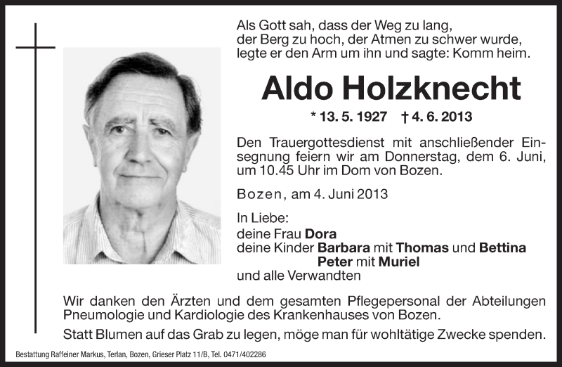  Traueranzeige für Aldo Holzknecht vom 05.06.2013 aus Dolomiten