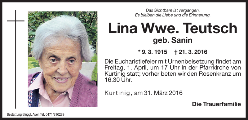  Traueranzeige für Lina Teutsch vom 31.03.2016 aus Dolomiten