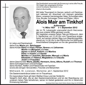 Traueranzeige von Alois Mair am Tinkhof von Dolomiten
