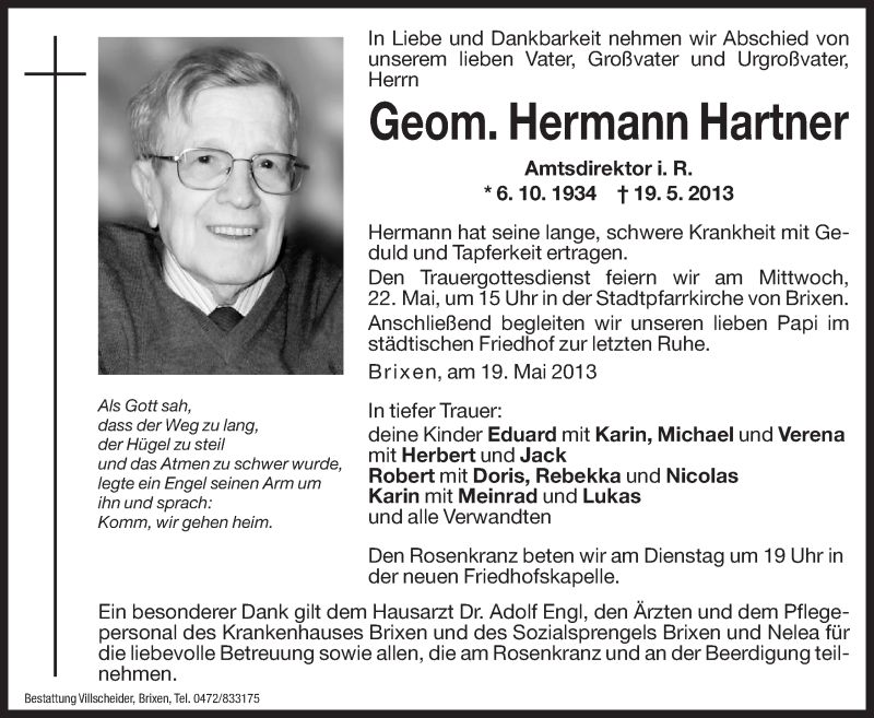  Traueranzeige für Hermann Hartner vom 21.05.2013 aus Dolomiten