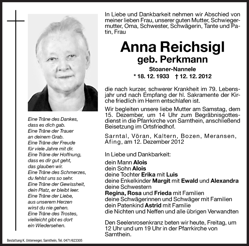  Traueranzeige für Anna Reichsigl vom 14.12.2012 aus Dolomiten