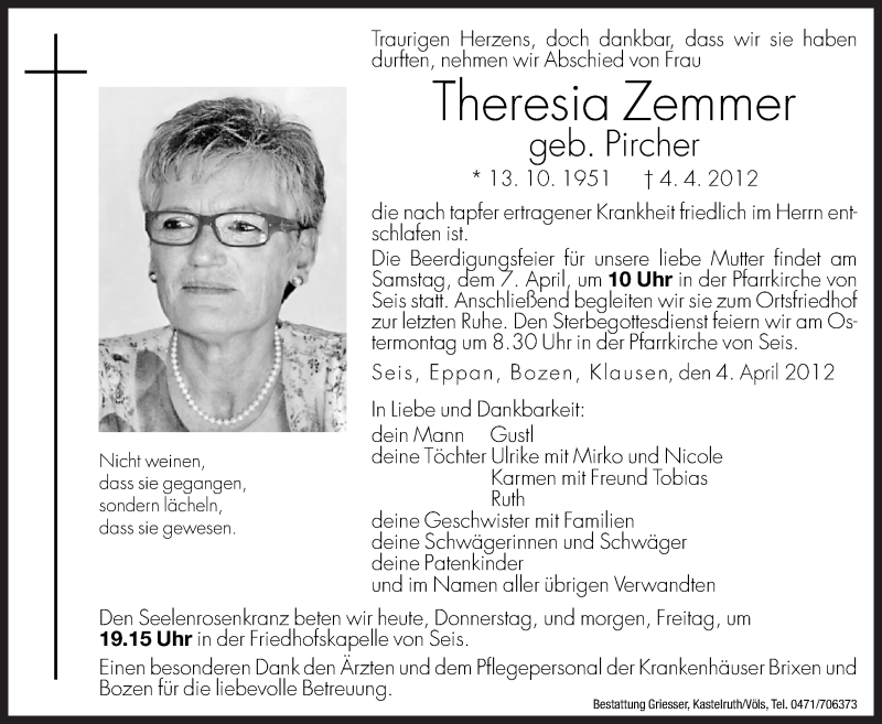  Traueranzeige für Theresia Zemmer vom 05.04.2012 aus Dolomiten