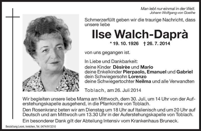  Traueranzeige für Ilse Walch-Daprà vom 29.07.2014 aus Dolomiten