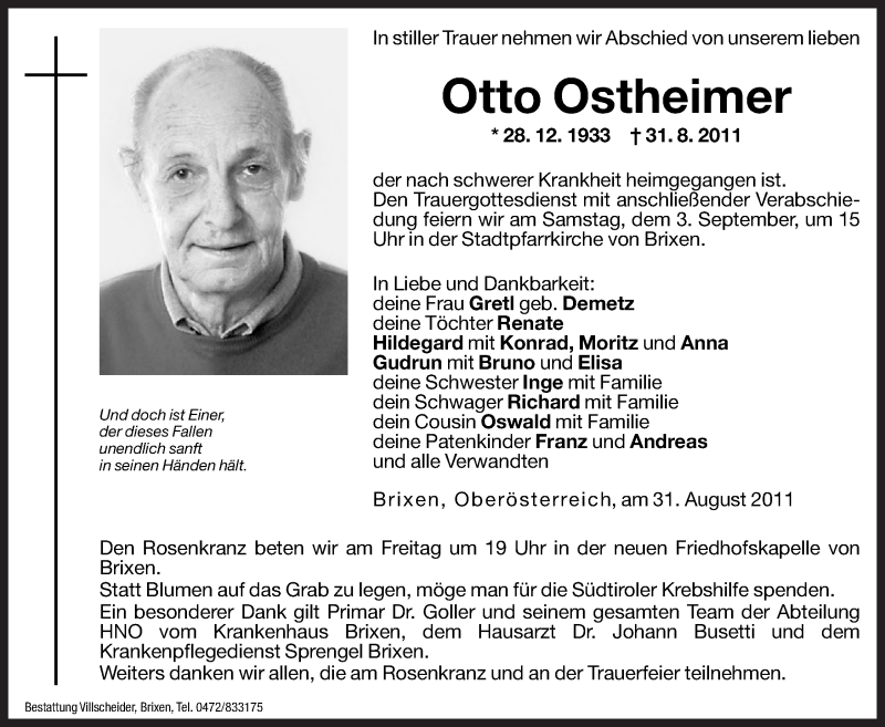  Traueranzeige für Otto Ostheimer vom 02.09.2011 aus Dolomiten