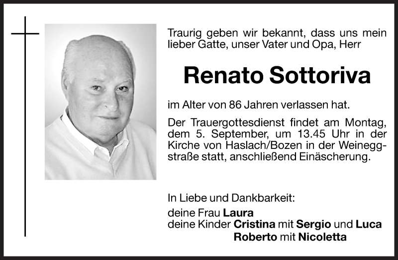  Traueranzeige für Renato Sottoriva vom 05.09.2011 aus Dolomiten