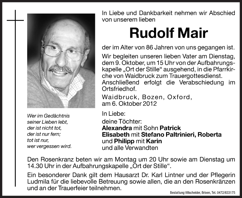  Traueranzeige für Rudolf Mair vom 08.10.2012 aus Dolomiten