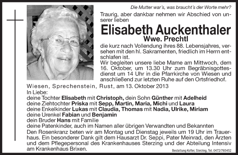  Traueranzeige für Elisabeth Prechtl vom 14.10.2013 aus Dolomiten