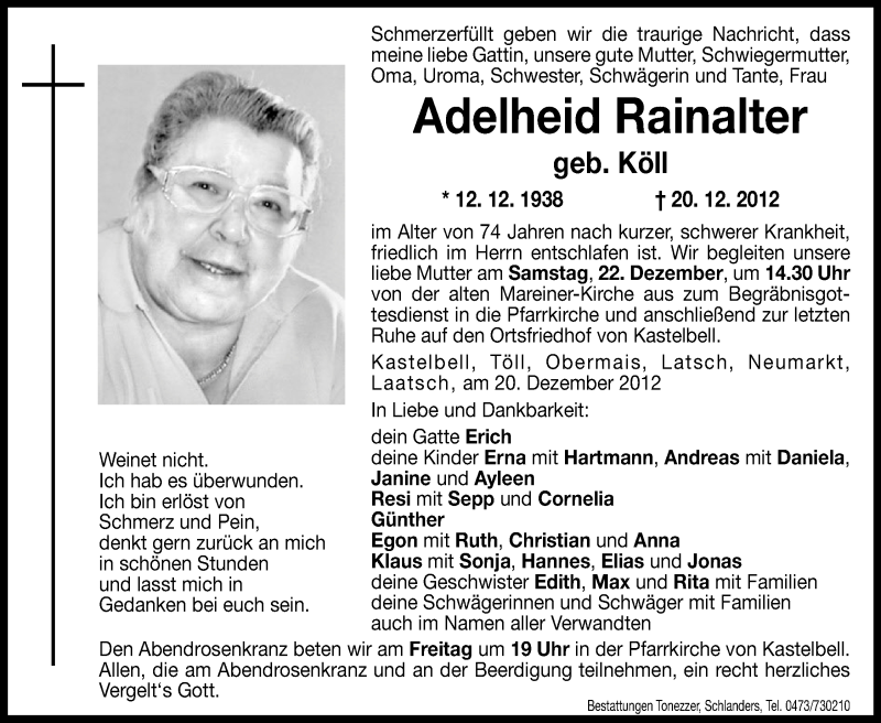  Traueranzeige für Adelheid Rainalter vom 21.12.2012 aus Dolomiten