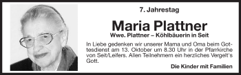 Traueranzeige von Maria Plattner von Dolomiten