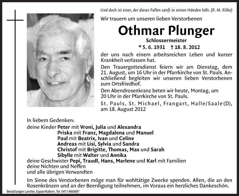  Traueranzeige für Othmar Plunger vom 20.08.2012 aus Dolomiten