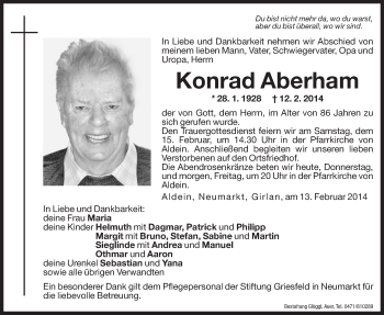 Traueranzeige von Konrad Aberham von Dolomiten