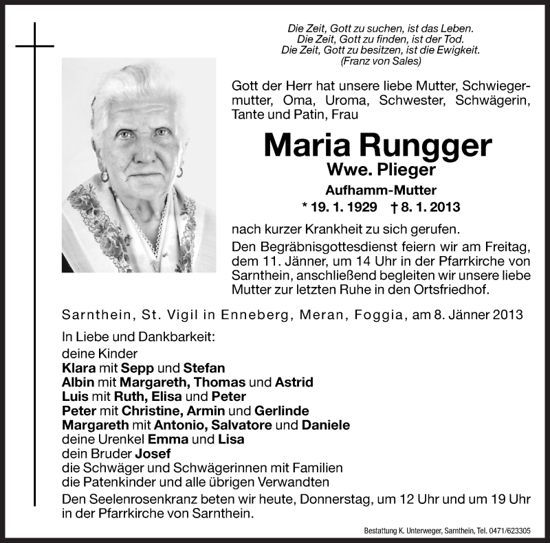  Traueranzeige für Maria Rungger vom 10.01.2013 aus Dolomiten