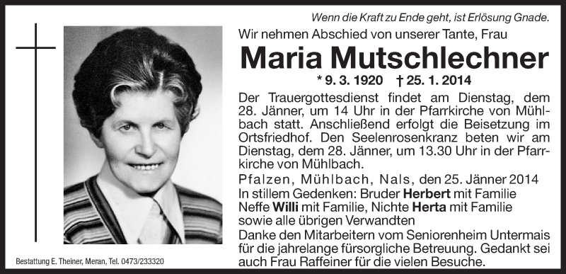  Traueranzeige für Maria Mutschlechner vom 27.01.2014 aus Dolomiten