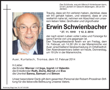Traueranzeige von Erwin Schwienbacher von Dolomiten