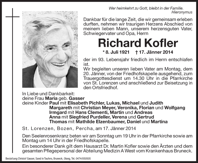  Traueranzeige für Richard Kofler vom 18.01.2014 aus Dolomiten