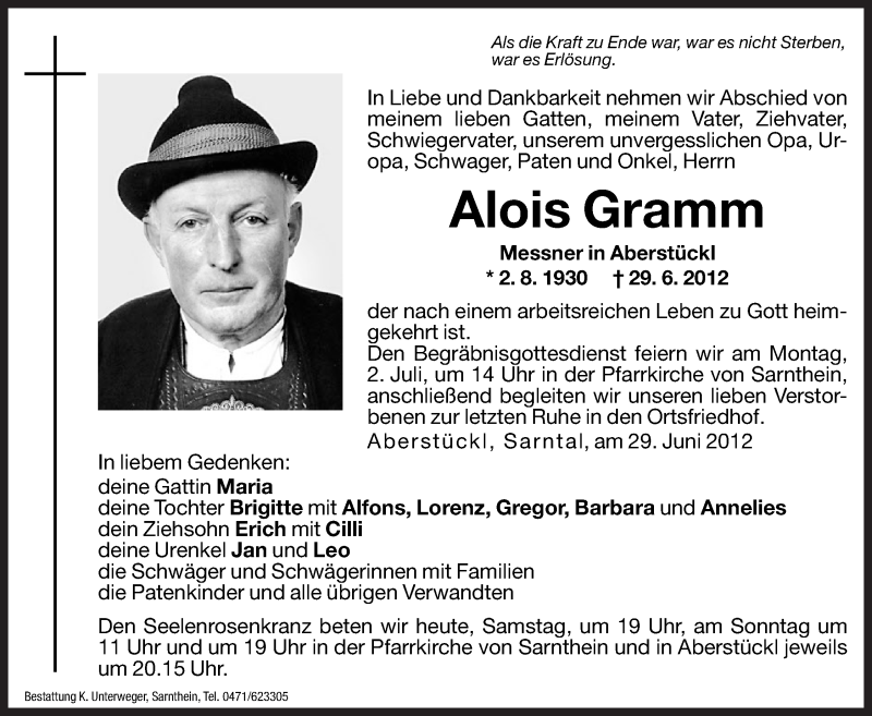  Traueranzeige für Alois Gramm vom 30.06.2012 aus Dolomiten