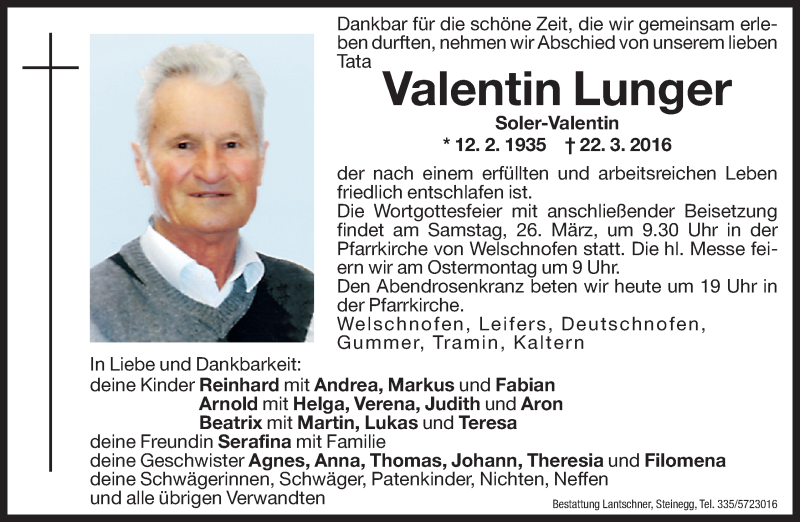  Traueranzeige für Valentin Lunger vom 23.03.2016 aus Dolomiten