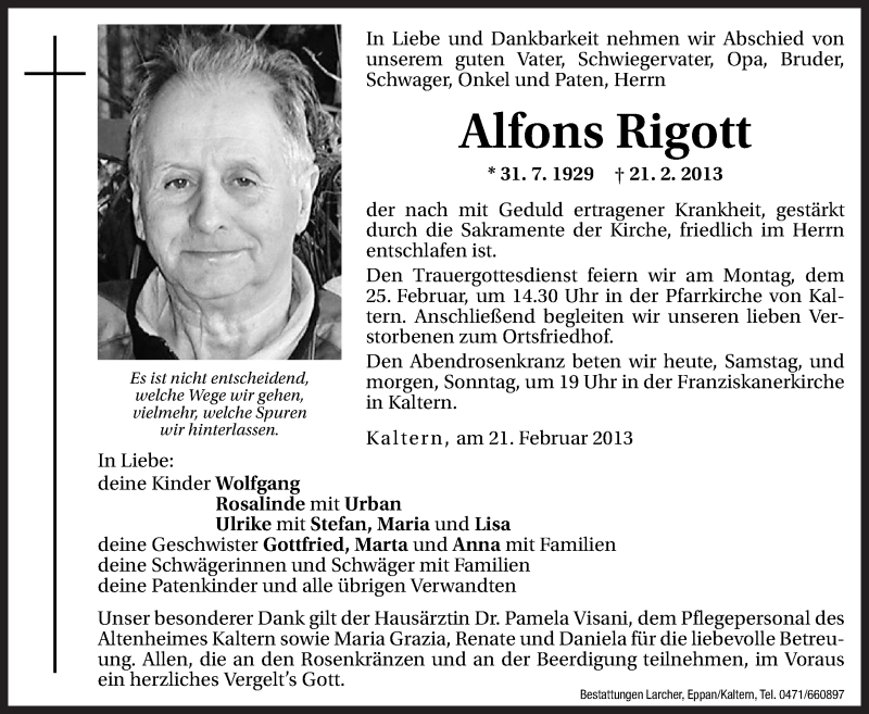  Traueranzeige für Alfons Rigott vom 23.02.2013 aus Dolomiten