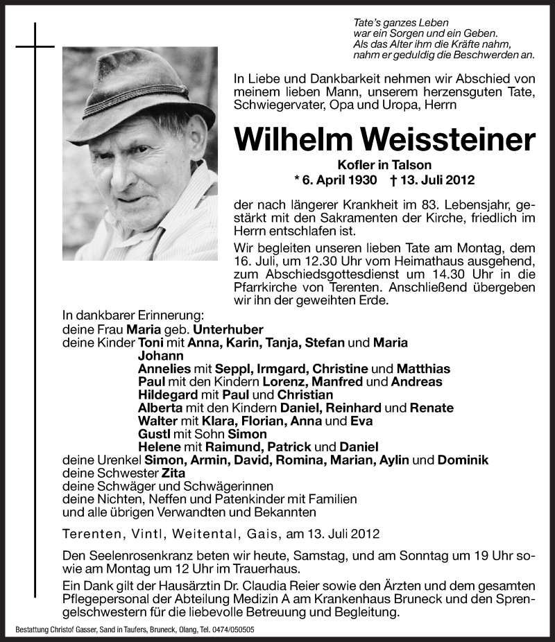  Traueranzeige für Wilhelm Weissteiner vom 14.07.2012 aus Dolomiten