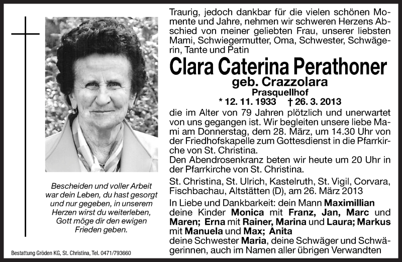  Traueranzeige für Clara Caterina Perathoner vom 27.03.2013 aus Dolomiten