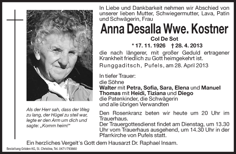  Traueranzeige für Anna  Kostner vom 29.04.2013 aus Dolomiten