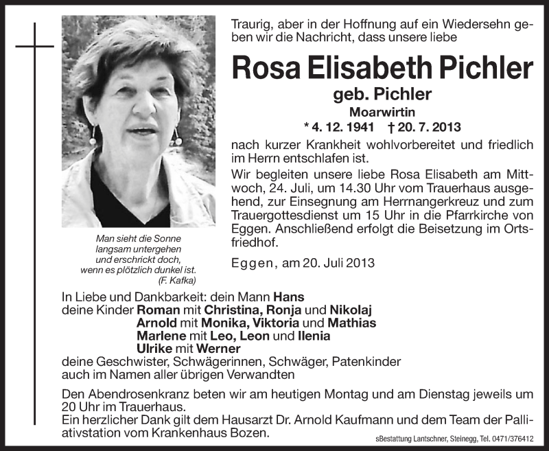  Traueranzeige für Rosa Elisabeth Pichler vom 22.07.2013 aus Dolomiten