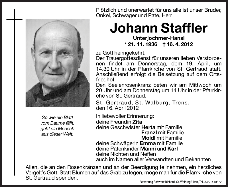  Traueranzeige für Johann Staffler vom 18.04.2012 aus Dolomiten