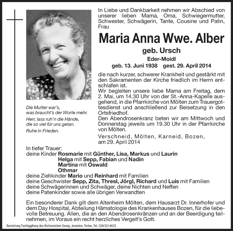  Traueranzeige für Maria Anna Alber vom 30.04.2014 aus Dolomiten