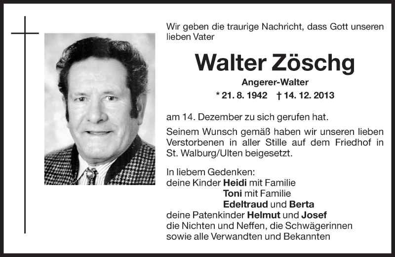  Traueranzeige für Walter Zöschg vom 27.12.2013 aus Dolomiten