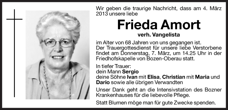  Traueranzeige für Frieda Vangelista vom 06.03.2013 aus Dolomiten