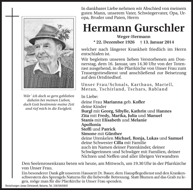  Traueranzeige für Hermann Gurschler vom 15.01.2014 aus Dolomiten