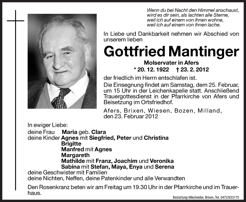  Traueranzeige für Gottfried Mantinger vom 24.02.2012 aus Dolomiten