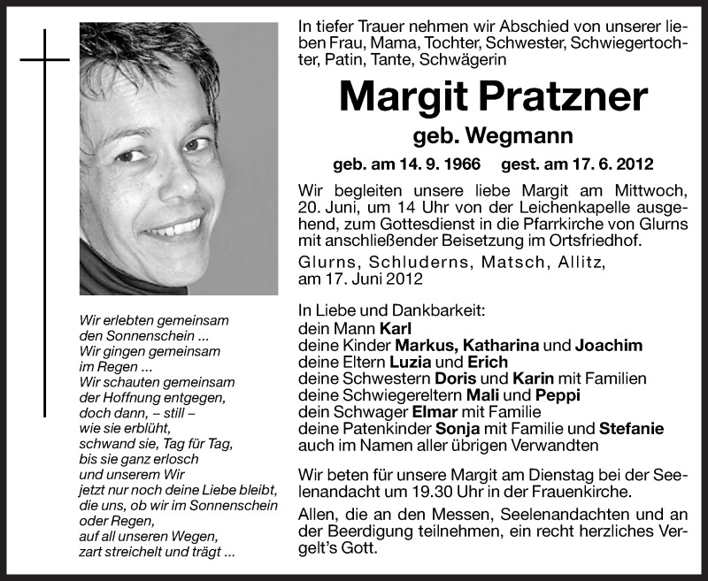  Traueranzeige für Margit Pratzner vom 19.06.2012 aus Dolomiten