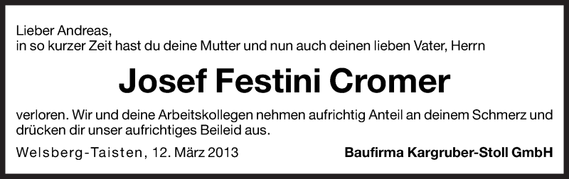  Traueranzeige für Josef Festini Cromer vom 13.03.2013 aus Dolomiten