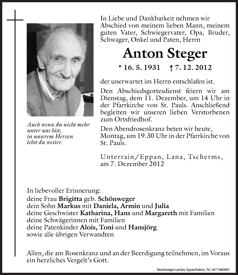  Traueranzeige für Anton Steger vom 10.12.2012 aus Dolomiten