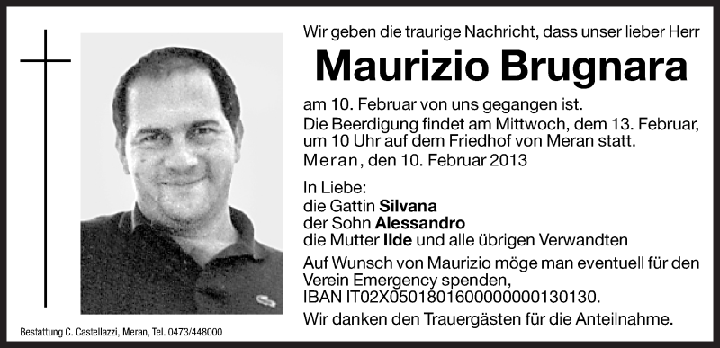  Traueranzeige für Maurizio Brugnara vom 11.02.2013 aus Dolomiten