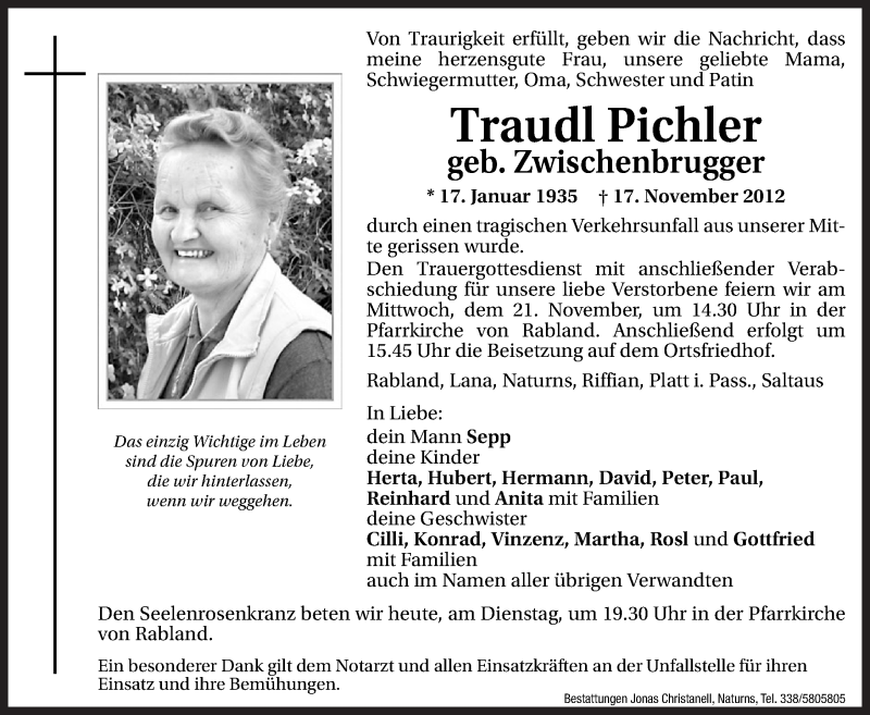  Traueranzeige für Traudl Pichler vom 20.11.2012 aus Dolomiten