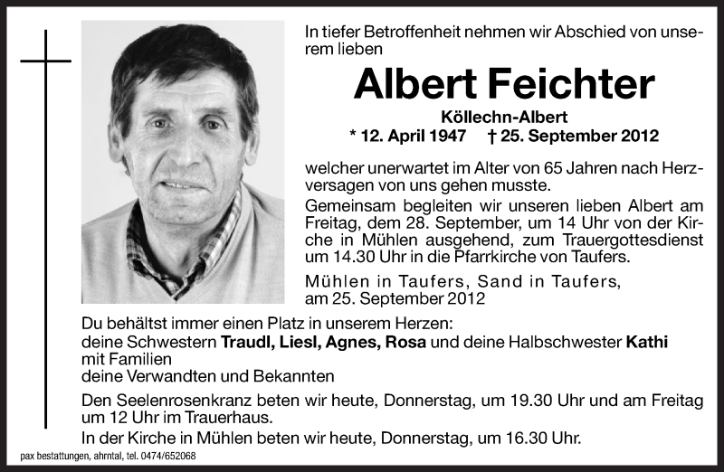  Traueranzeige für Albert Feichter vom 27.09.2012 aus Dolomiten