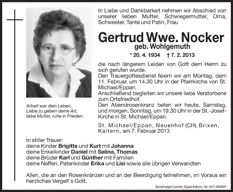  Traueranzeige für Gertrud Nocker vom 09.02.2013 aus Dolomiten